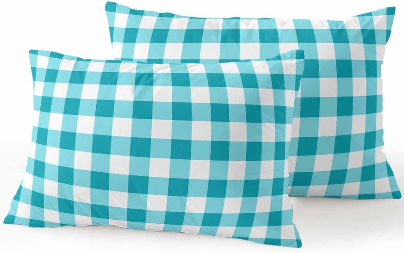 Waterproof Outdoor Pillow Set of 2 Turquoise Buffalo Plaid Decorative Throw Pillows Cover & Insert 20x12 Inch Lumbar Pillowcase Check Lines Pillows for Couch Sofa Bed Patio Furniture Indoor Outdoor