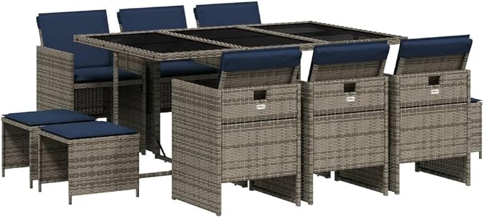 11 Piece Garden Dining Set with Cushions Grey Poly Rattan Outdoor Patio Furniture Table Chairs Stools Tempered Glass UV Resistant Foldable Storage 110 kg