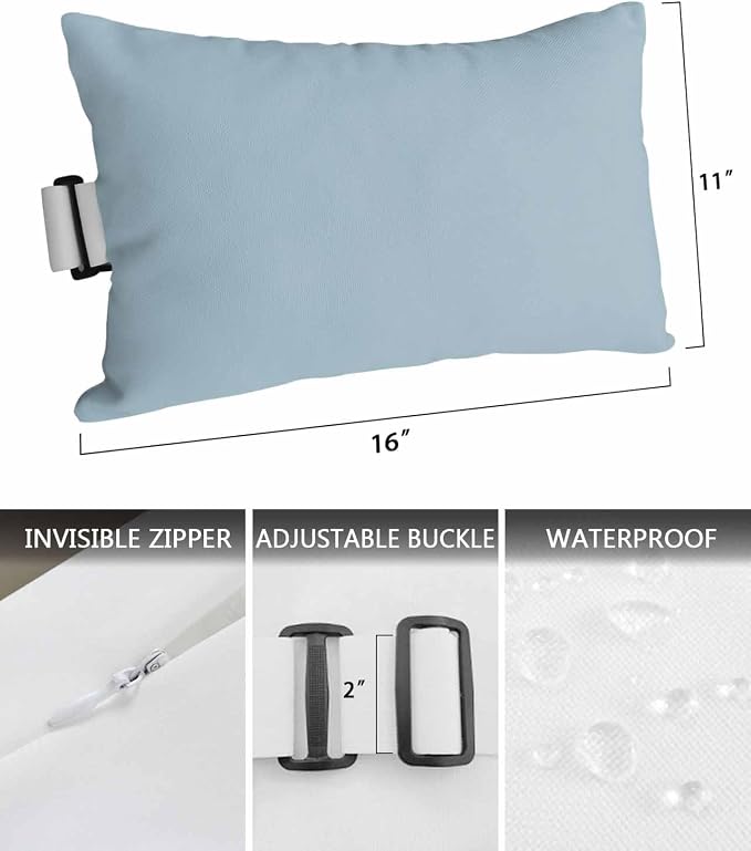 DecorLovee Sky Blue Outdoor Recliner Pillows for Head, Modern Pure Blue Waterproof Chair Pillow with Elastic Stripe, Farmhouse Chaise Lounge Headrest Pillow for Patio/Beach/Pool 1Pack, 11"x16"