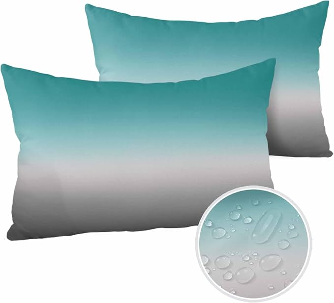 Outdoor Waterproof Throw Pillow Covers Set of 2 Green and Grey Ombre Lumbar Pillowcases 20x12 Inches Teal Gradient Color Patio Decorative Pillows Cushion Case Patio Pillows for Couch Bed Chair Garden