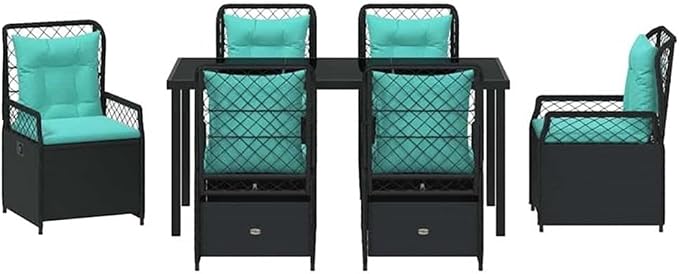 Afuera Living 7 Piece Patio Dining Set, Poly Rattan and Steel, Black, Glass Tabletop, Foam-Padded Chairs, Weather-Resistant, Modern Design for Garden, Terrace, Outdoor Dining and Relaxation