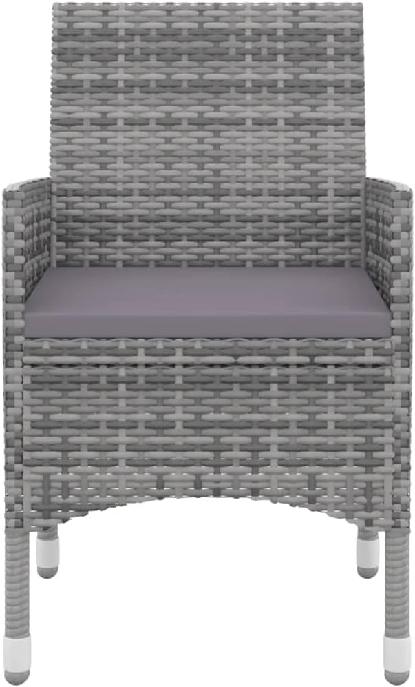 3 Piece Patio Dining Set with Cushions Poly Rattan and Glass Outdoor Table and Chairs for Garden Backyard Balcony, Gray Dark Gray Black