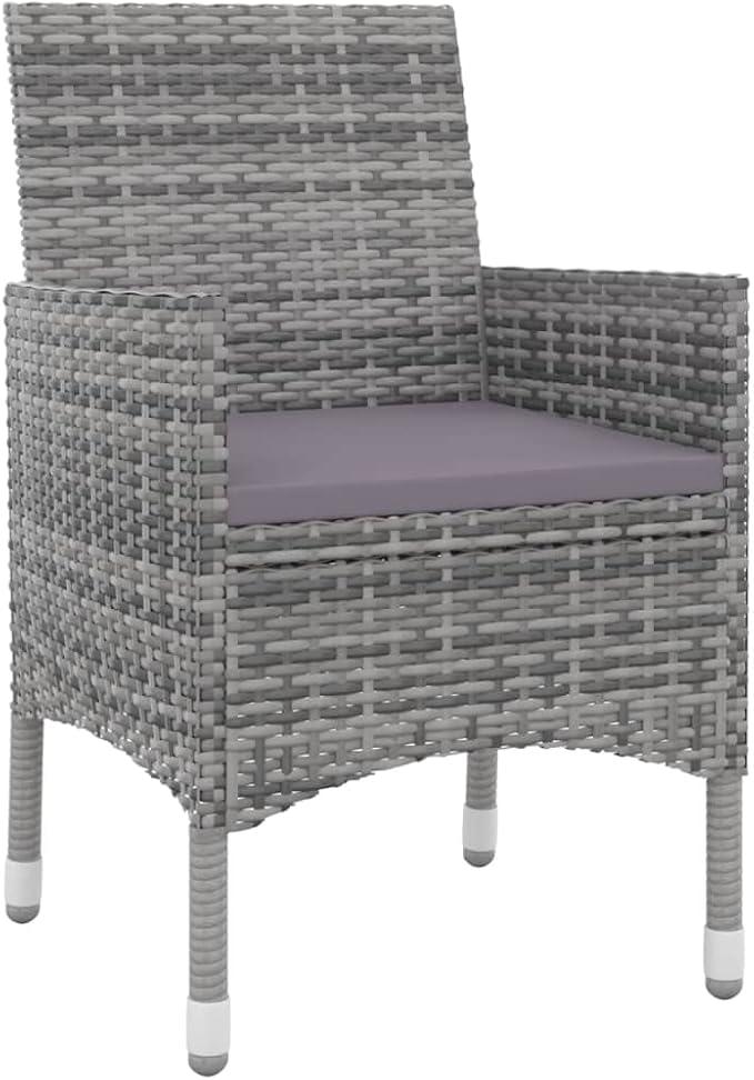 3 Piece Patio Dining Set with Cushions Poly Rattan and Glass Outdoor Table and Chairs for Garden Backyard Balcony, Gray Dark Gray Black