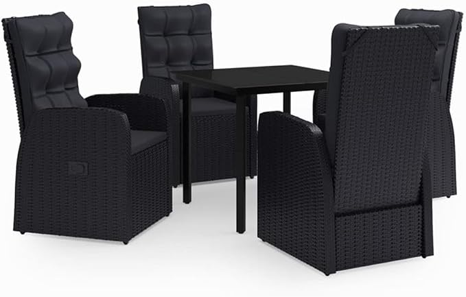 Afuera Living 5-Piece PE Rattan Patio Dining Set, Powder-Coated Steel Frame, Glass Table, Black Finish, Weather-Resistant Outdoor Furniture with Cushioned Reclining Chairs for Backyard or Terrace