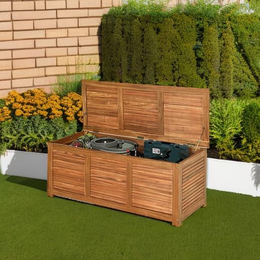 FANTASK 47 Gallon Wooden Deck Box, Outdoor Acacia Wood Garden Backyard Organization, Storage Bench for Patio Furniture Gardening Tools Toys Cushions