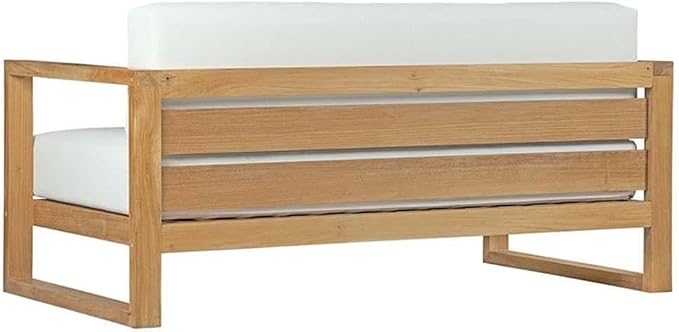 Pemberly Row 8-Piece Teak Patio Sofa Set, Natural Wood and White Finish, Includes Sofa, Armchairs, Ottomans, Coffee Table and Side Tables, Modern Outdoor Furniture with Washable Cushions