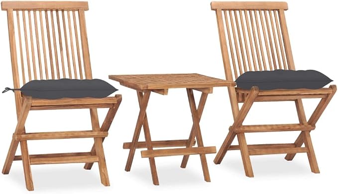 3 Piece Folding Patio Dining Set with Anthracite Cushions, Solid Teak Wood Bistro Set for Outdoor Garden and Terrace, Includes 1 Square Table and 2 Portable Chairs