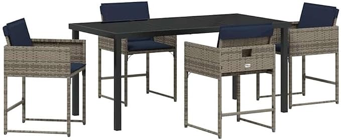 Afuera Living 5 Piece Poly Rattan Patio Dining Set, Gray Finish, Tempered Glass Tabletop, Weather-Resistant Cushions, Powder-Coated Steel Frame, Seating for 4, Modern Style Outdoor Furniture for