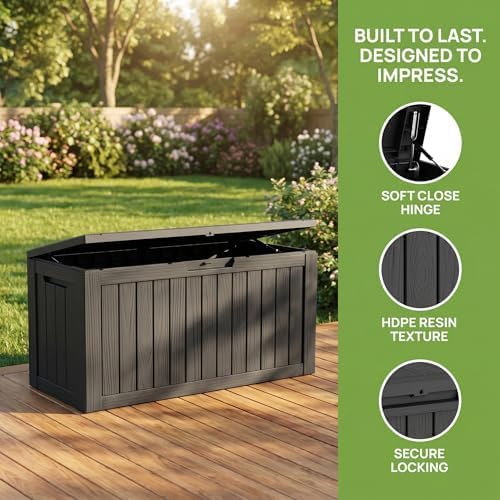 80 Gallon Deck Box, Waterproof Resin Outdoor Storage Box with Lockable Lid, Patio Storage Box Featuring Fade Resistant for Patio Furniture Cushions, Pool Accessories, Garden Tools, Black