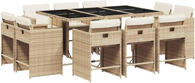 11 Piece Outdoor Rattan Dining Set with 10 Folding Chairs and Cushions Beige Poly Rattan for Patio Garden Backyard Relaxation Tempered Glass Table UV Proof 242.5 lb Capacity