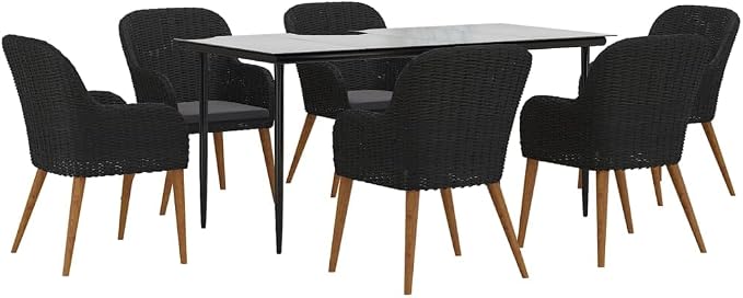 7 Piece Patio Dining Set, Outdoor Garden Table and 6 Chairs with Cushions, Modern Wicker Sectional Dining Furniture for Backyard, Porch and Deck, Black