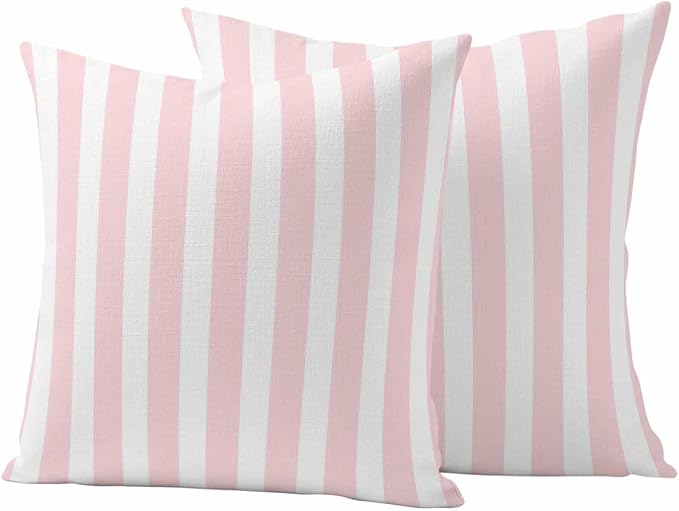 Pink Striped Outdoor Waterproof Throw Pillow Covers 16x16 Set of 2, Modern Farmhouse Pink White Stripes Decorative Pillowcases Cushion Pillowcase for Couch Sofa Patio Outside Pillow Protector