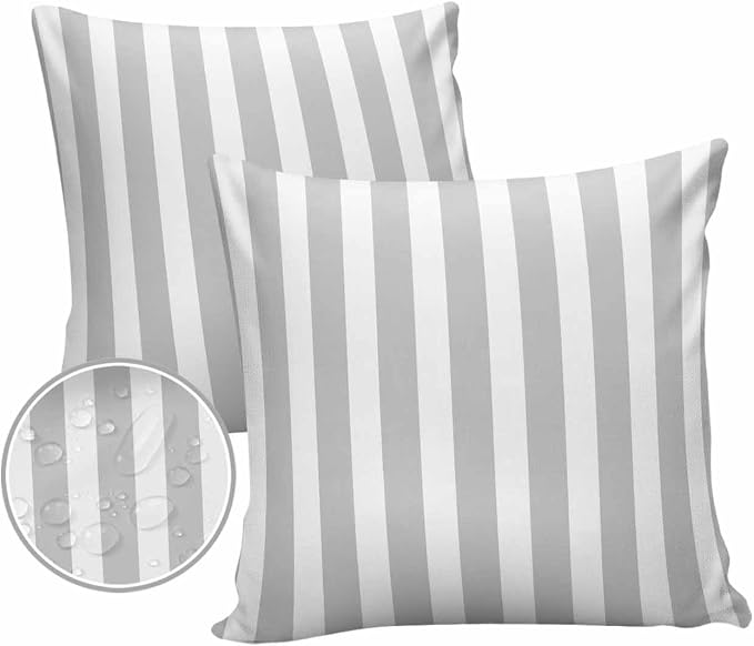 Outdoor Waterproof Throw Pillow Covers 24x24in, Gray Stripes Cushions for Garden Patio Furniture Chairs Set of 2, Abstract Geometric Home Decor Couch Sofa Polyester Pillow Cases