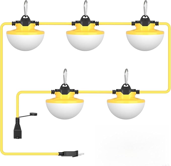 YXL 8000LM 65W Construction String Lights, 50FT Industrial String Work Lights, IP65 Waterproof Super Bright for Construction Sites Temporary Work Jobsites Outdoor Lighting