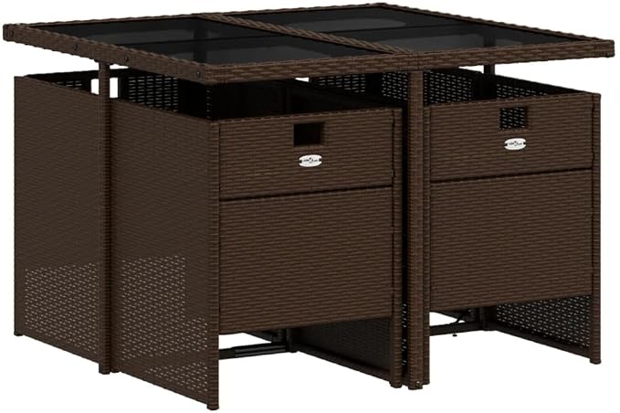 5 Piece Patio Dining Set with Cushions Brown Poly Rattan Outdoor Table and 4 Chairs for Garden Backyard Porch Folding Foldable Stackable Space Saving Tempered Glass Top UV Proof