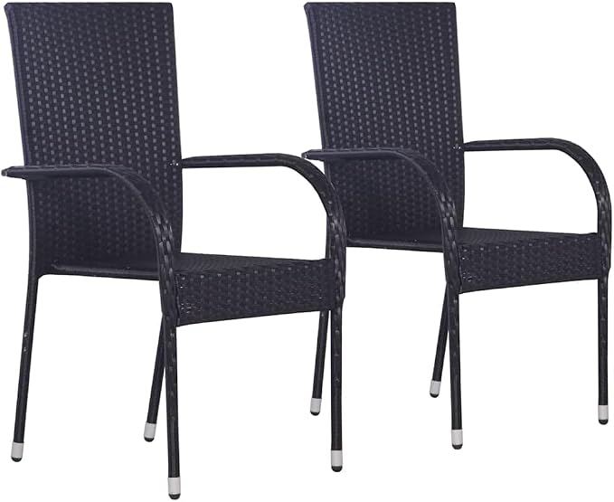 3 Piece Garden Dining Set, Black PE Poly Rattan Outdoor Furniture with Glass Top Table and 2 Stackable Chairs, Rectangular Small Patio Bistro Set for Balcony, Backyard and Terrace