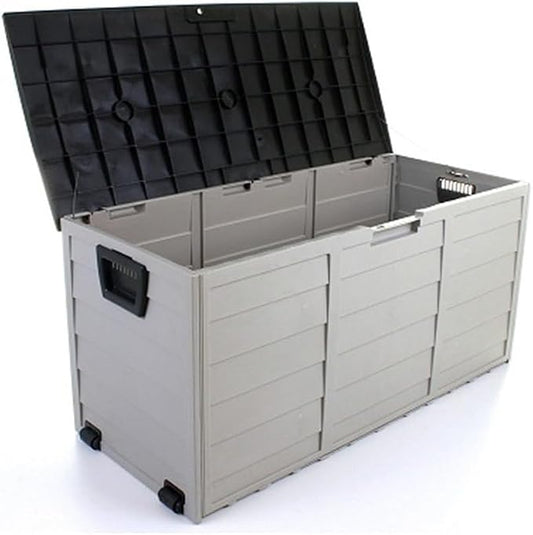 Plastic Outdoor Storage Box with Wheels, Movable Deck Box for Patio, Water-Resistant Tool Chest Cabinet, Portable Storage Bin for Garden, Yard and Balcony(Black)