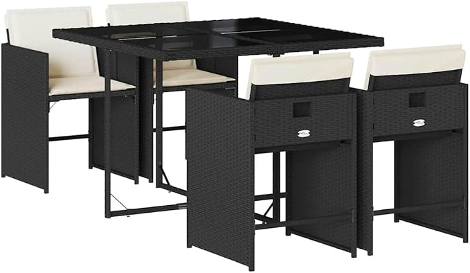 5 Piece Patio Dining Set, Foldable Rattan Garden Table and 4 Chairs with Cushions, Space Saving Cube Outdoor Furniture, Black