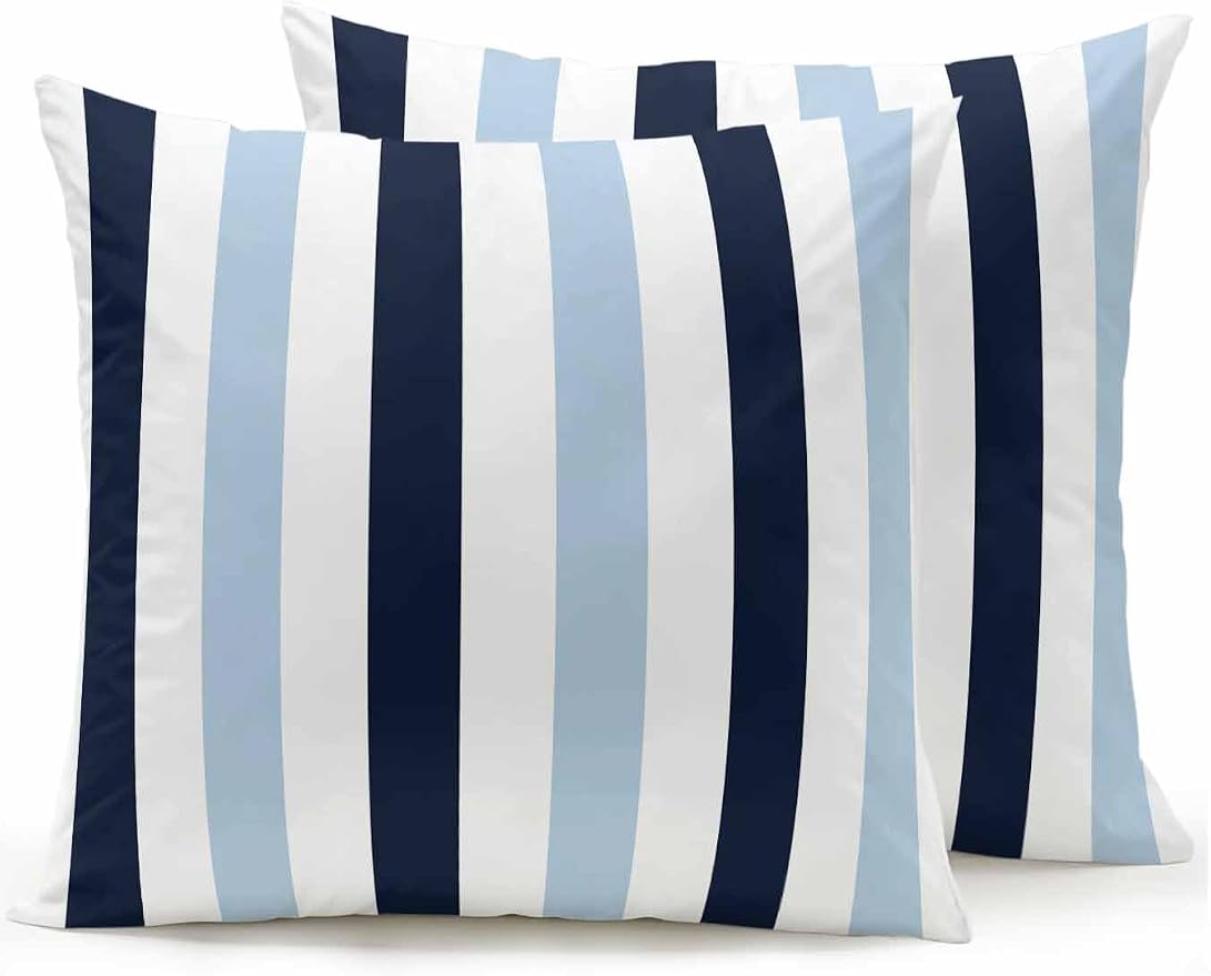 Outdoor Pillows Waterproof, Navy Blue Aqua Striped Bedding Throw Pillows with Insert for Couch Sofa Bed, Farmhouse Stripe Art 16x16 Inch Pillowcases Decorative Camping Patio Pillow Set of 2