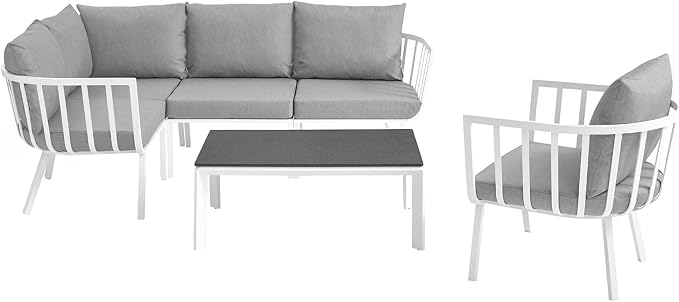 Modway Riverside 4 Piece Sectional Set with Armchair and Table, 61. 5" L x 114" w x 28" H, White Gray