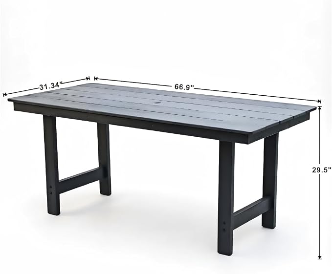 5-Pcs Outdoor Patio Dining Table Set of 4, Outdoor Patio Rectangular 66.9'' Dining Table and Armchair for Garden Backyards Pool Side, Waterproof HDPE Material & 1.95'' Umbrella Hole, Gray