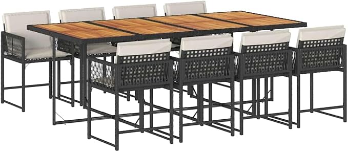 9 Piece Outdoor Patio Dining Set, 8-Seater Garden Furniture with Folding Chairs and Acacia Wood Tabletop, Weather-Resistant Poly Rattan Dining Table Set for Backyard, Deck, and Patio, Black