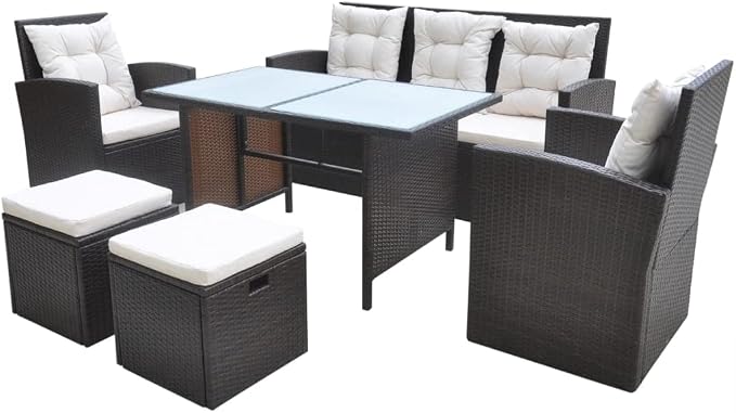 6-Piece Outdoor Dining Set, 7-Person PE Rattan Patio Furniture Set with Rectangular Frosted Glass Table and Cushions, Brown Wicker Sectional for Garden and Terrace
