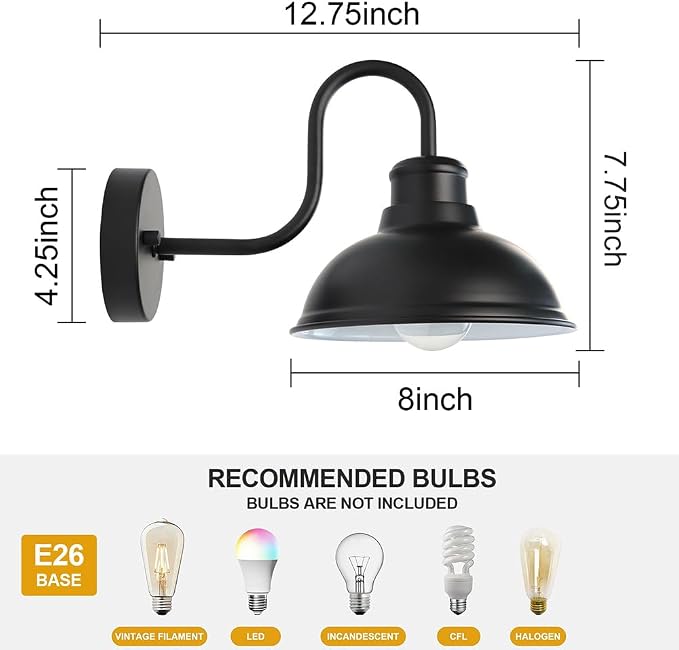 Gooseneck Barn Light Outdoor Wall Lights 8" Exterior Lighting Fixtures | Anti-Rust Waterproof Farmhouse Industrial Vintage Wall-Mount Matte Black for Porch/Patio Garage/Yard ETL Listed