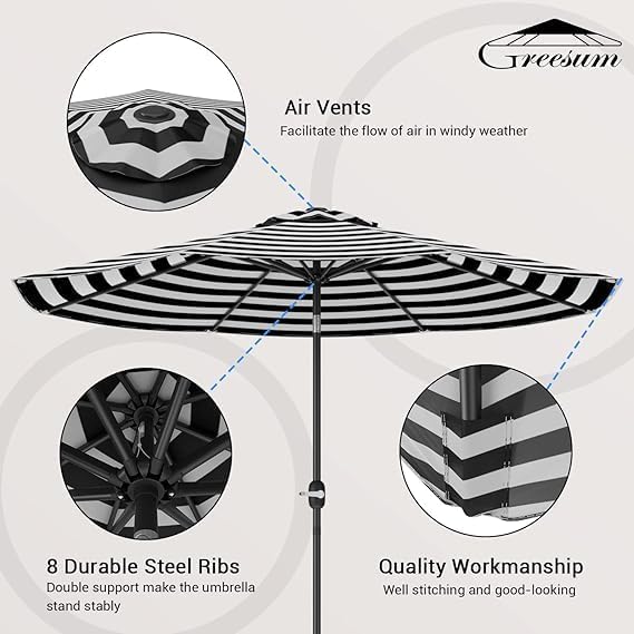 Greesum Patio Umbrella, Outdoor Table Umbrella with Push Button Tilt, Crank and 8 Sturdy Ribs