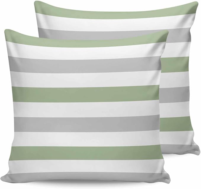 Outdoor Waterproof Throw Pillow Covers 16x16Inch, Spring Stripes Sage Green Cushions for Garden Patio Furniture Chairs Set of 2, Grey Home Decor Couch Sofa Polyester Pillow Cases