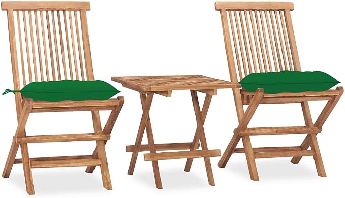 3 Piece Folding Patio Dining Set with Cushion Solid Teak Wood Outdoor Table and Chairs for Garden Deck Space Saving