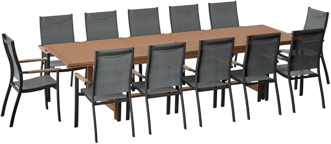 Amazonia Franklin 13-Piece Teak Finish Wood and Aluminum Rectangular Extendable Patio Dining Set | 100% Teak from Indonesia Armrests | Ideal for Outdoors and Indoors