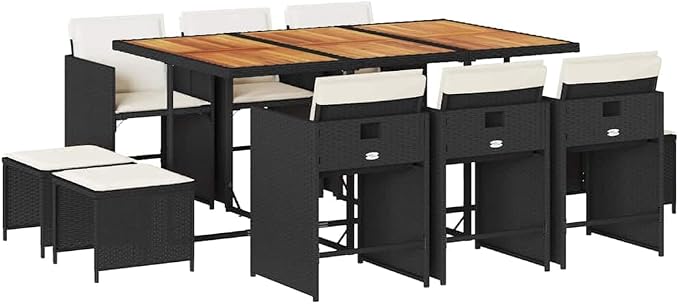11 Piece Outdoor Dining Set, Poly Rattan Garden Table and Chairs for Patio, Backyard, and Deck, Collapsible Seating, Black and Brown