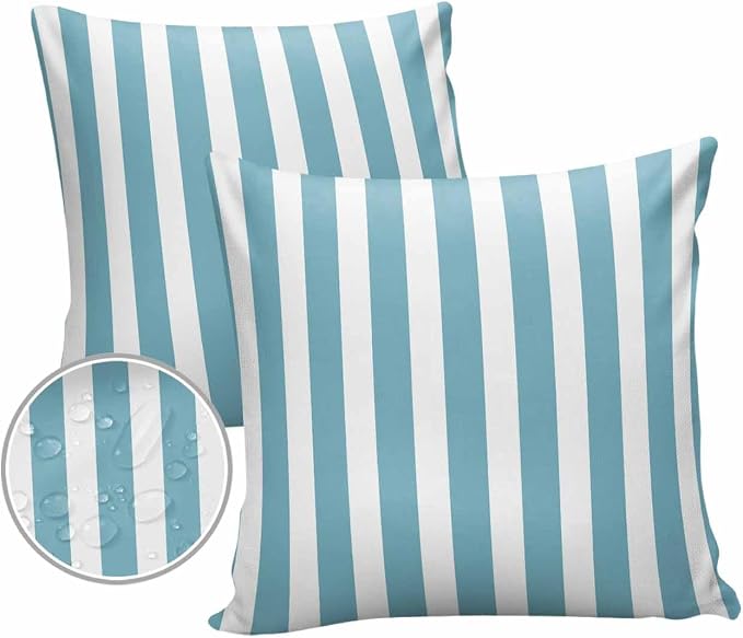 Outdoor Waterproof Throw Pillow Covers 24x24in, Aqua Green Striped Cushions for Garden Patio Furniture Chairs Set of 2, Geometric Line Home Decor Couch Sofa Polyester Pillow Cases