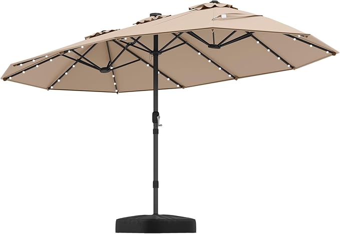 Tangkula 15FT Double-Sided Solar Patio Umbrella, Extra-Large Outdoor Twin Umbrella with 48 LED Lights, Vented Top, Crank Handle, 12 Ribs, Weighted Base Included for Backyard Poolside Deck (Tan)
