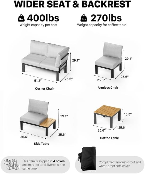 ZANDOR 5 Pieces Aluminum Outdoor Patio Furniture Set, Movable Backrest Modular Sectional Sofa Set, Metal Conversation Set with 4-inch Thick Cushion for Garden Backyard Porch, Grey