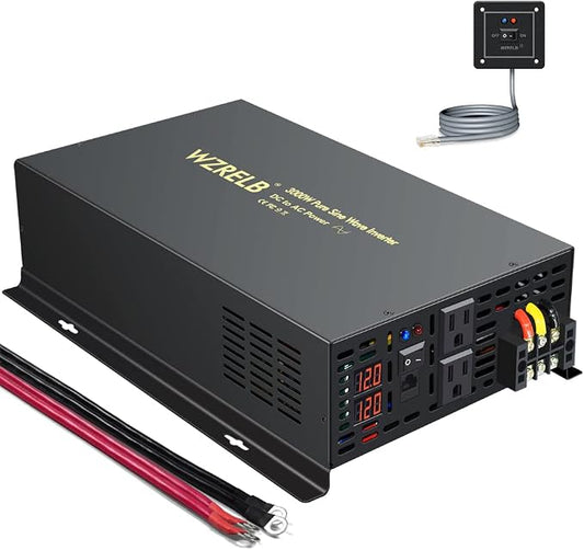 WZRELB 3000W 12VDC 120VAC Pure Sine Wave Power Inverter with 2 AC Outlets Wired Remote Control Car Inverter (RBP-300012WR)