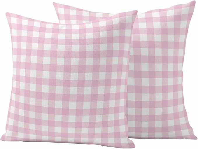 Light Pink Checks Outdoor Pillow Covers 26"x26" Set of 2, Gingham Plaid Abstract Modern Minimalist Waterproof Throw Pillow Covers for Patio Furniture, Decorative Cushion Covers for Porch