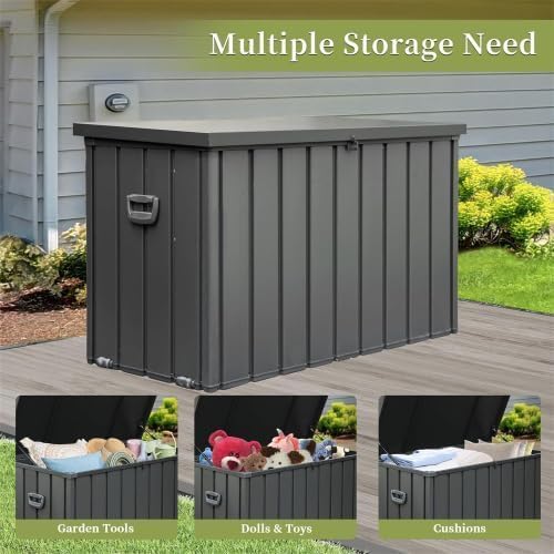 200 Gallon Weatherproof Outdoor Deck Box with UV-Resistant Rustproof Steel Panels & Hydraulic Rod, Garden Tool Chest with Side Handles & Rolling Wheels, Patio Storage Bin with Lockable Soft-Close Lid