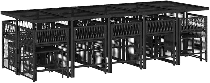 15 Piece Black PE Rattan Garden Dining Set with Tempered Glass Table, 14 Seat Outdoor Dining Set for Patio, Foldable Chairs with Washable Cushions
