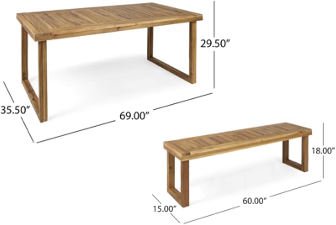 69'' Outdoor Patio Dining Table & 2 Bench for 4, Acacia Wood Dining Table Set Outdoor & Indoor Furniture for Patio Porch Garden, 3-Pcs, Sandblast Natural Finish