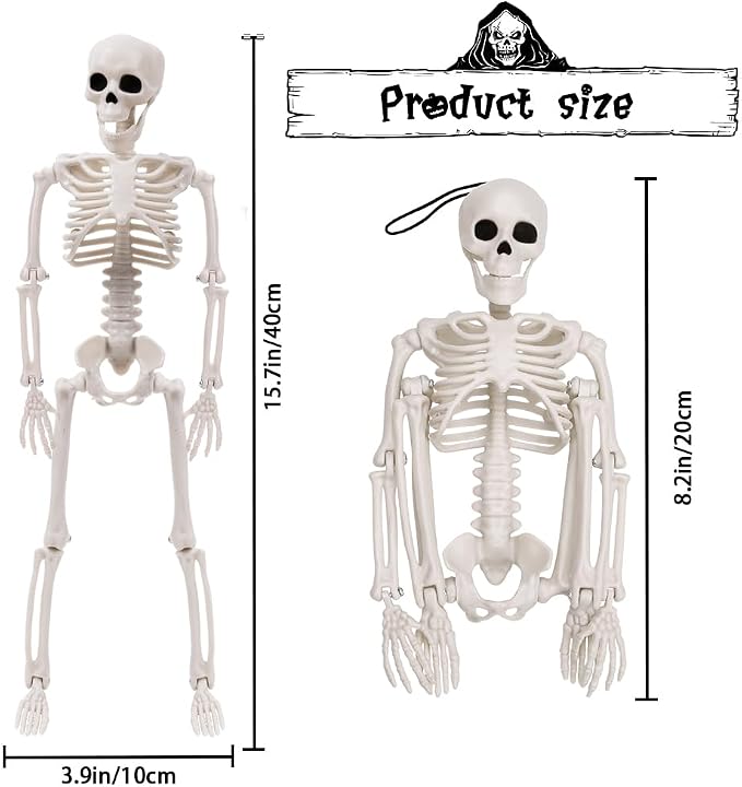 XIMISHOP 2pcs Skeleton Halloween Decoration, 16” Full Body Posable Hanging Plastic Decoration with Movable Joints for Indoor Outdoor
