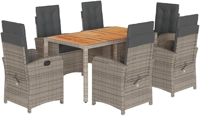BOWERY HILL Contemporary 7-Piece Rattan Garden Dining Set, Gray Finish, PE Rattan and Steel, Adjustable Reclining Chairs with Cushions, Weather-Resistant, Outdoor Patio or Conservatory Dining Set