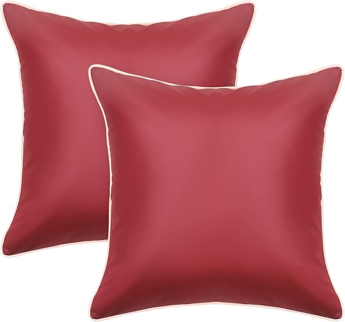 Set of 2 Silicone Leather Pillow Covers 18x18 Inch, Waterproof Soft Smooth Texture Modern Stylish Design for Home Decor Patio Sofa Tent Sunbrella Balcony, Burgundy