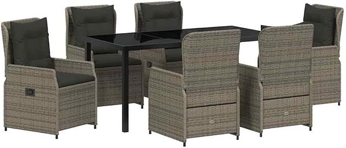 Afuera Living 7 Piece Poly Rattan Patio Dining Set, Gray Finish, Adjustable Backrest Chairs, Tempered Glass Table, Weather-Resistant Outdoor Garden Furniture for Family Gatherings and Dining Use
