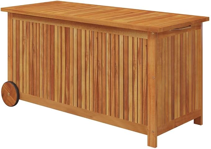 Outdoor Garden Storage Box, Solid Acacia Wood Deck Chest with Wheels, Large Capacity Storage Bin for Patio Furniture Cushions, Tools and Blankets 44.5 x 19.7 x 22.8 in