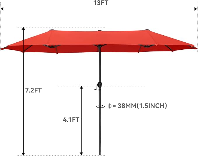 GREEN PARTY 13ft Rectangle Patio Umbrella, Double Sided Outdoor Table Umbrella with Crank & 1.5" Pole, Large Market Umbrella for Poolside Garden Deck Backyard, Orange Red