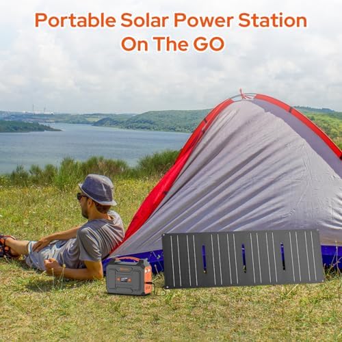 Portable Solar Power Station with Foldable Solar Panel 60W, 110V AC Outlet Camping Solar Powered Generator with Panels, Solar Powered Power Bank Generator for Laptop Smart Devices RV Outdoor Backup