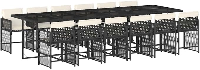 13-Piece Garden Dining Set, Black Rattan Patio Table and 12 Cream White Cushioned Chairs, Large Outdoor Furniture Set with Tempered Glass Tabletop for Backyard, Porch and Deck Entertainments