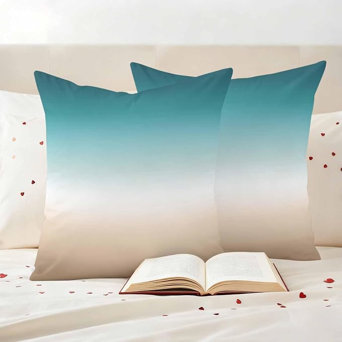 Outdoor Pillow Covers Set of 2, Teal to Khaki Gradient Art Decorative Throw Pillow Covers 16X16IN, Turquoise Watercolor Style Throw Pillows Protector Cushion Case for Patio,Couch,Sofa,Garden